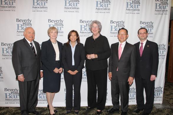 Justice Marvin Baxter, Justice Kathryn Werdergar, Chief Justice Tani Cantil-Sakauye, Justice Carol Corrigan, Justice Ming Chin, Stephen L. Raucher (from left to right).